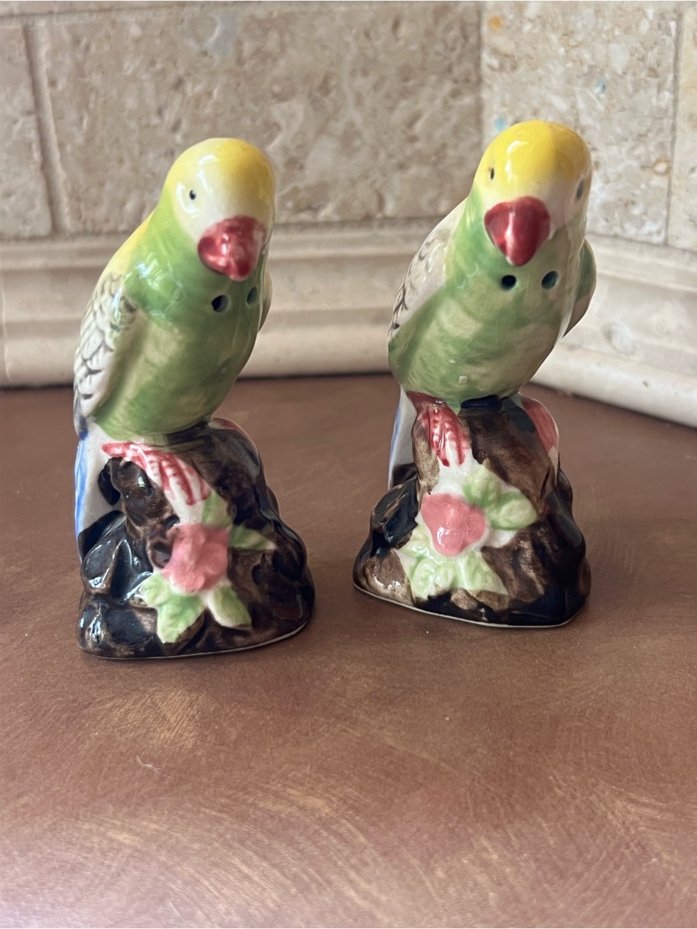 Vintage Green and Yellow Parrot Ceramic Salt and Pepper Shakers w/cork, Japan